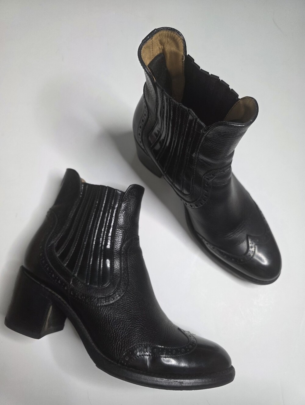 The Office of Angela Scott Black Wingtip Chelsea Boots Sz 40 US 9